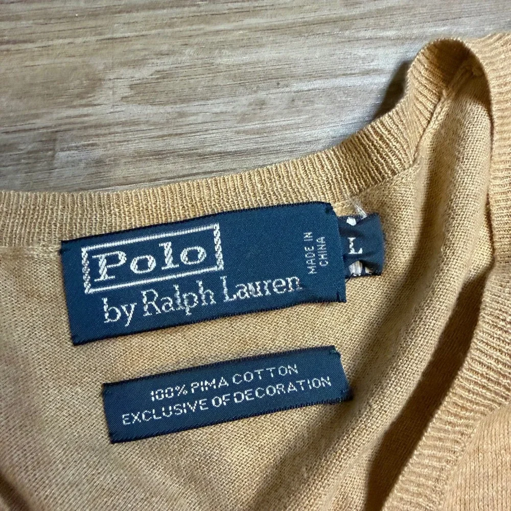 Polo Ralph Lauren Mens V Neck Sweater Tan 100 Pima Cotton Red Pony Logo Large